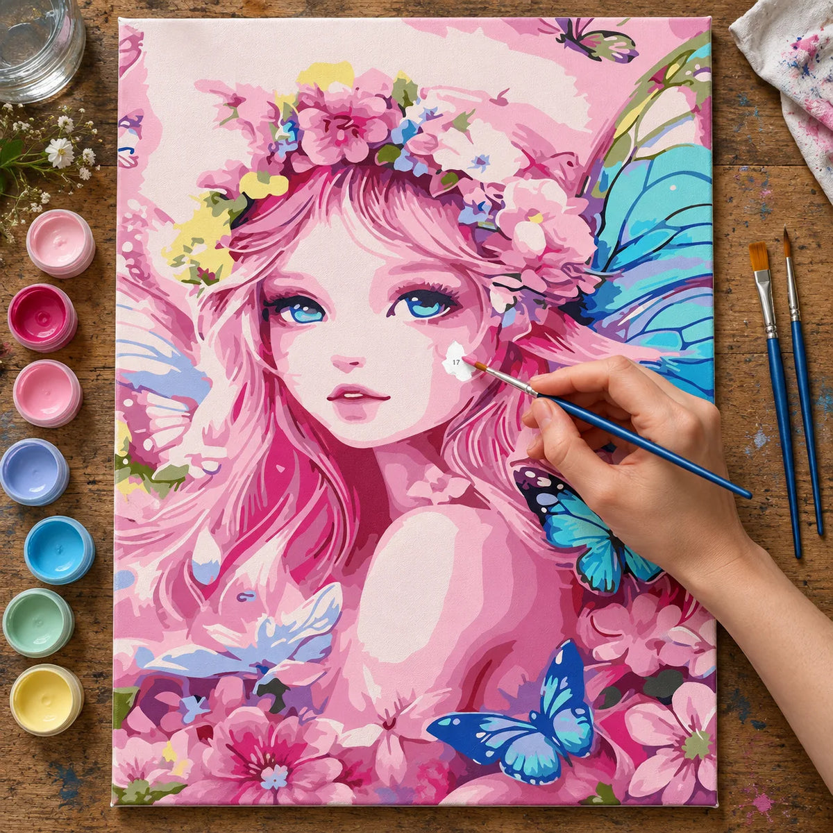 Complete Pink Flower Fairy with Butterflies numbered canvas being painted with acrylic paints and brushes