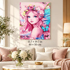 Pink Flower Fairy with Butterflies shown in a styled room with 15.7 × 19.7 in and 40 × 50 cm dimensions