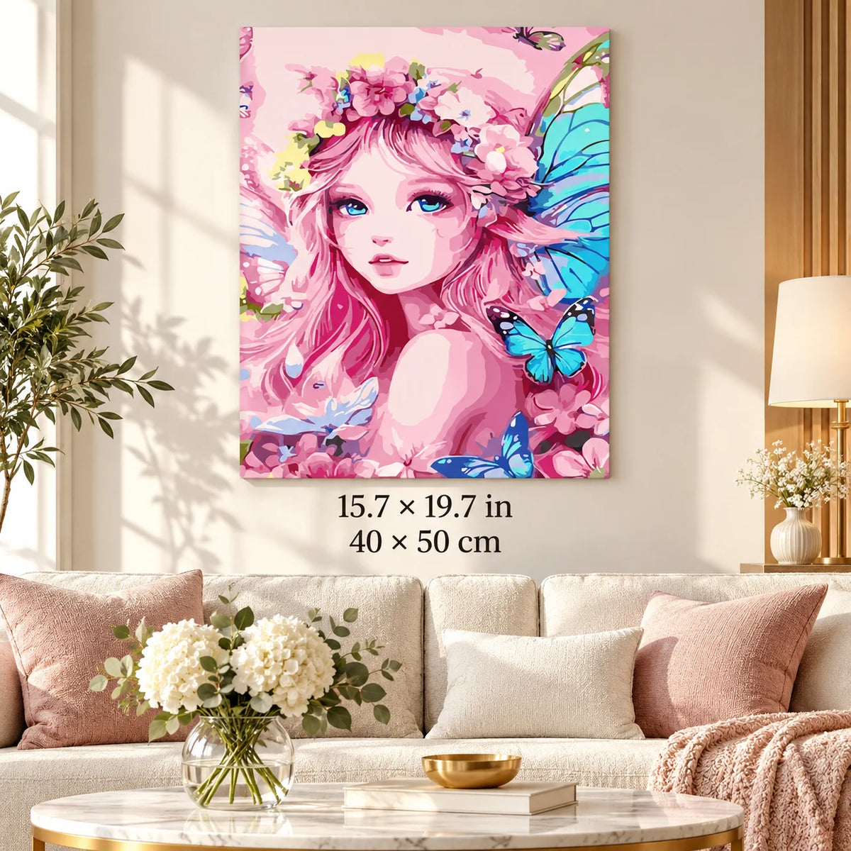 Pink Flower Fairy with Butterflies shown in a styled room with 15.7 × 19.7 in and 40 × 50 cm dimensions