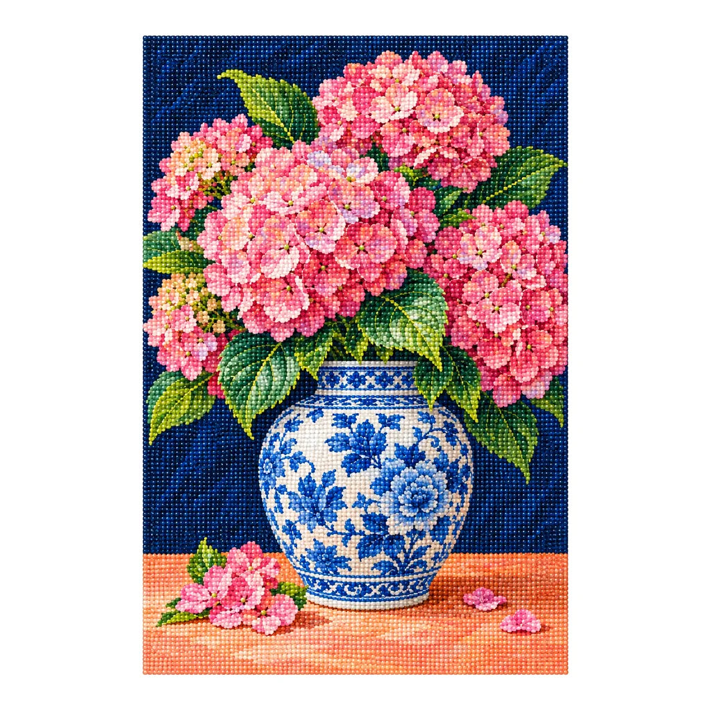 Pink hydrangeas arranged in a blue and white ginger jar: finished diamond painting on a white background