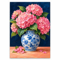 Pink hydrangeas arranged in a blue and white ginger jar: original artwork on a white background