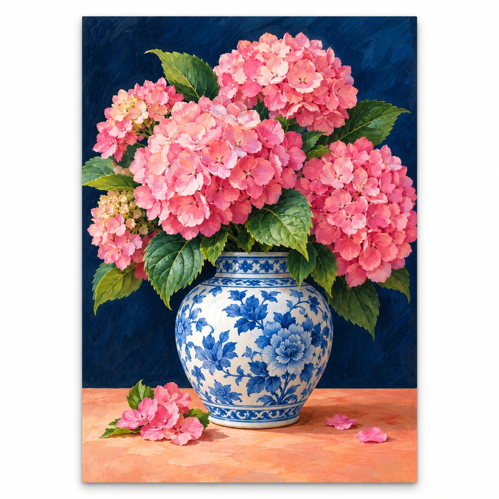 Pink hydrangeas arranged in a blue and white ginger jar: original artwork on a white background