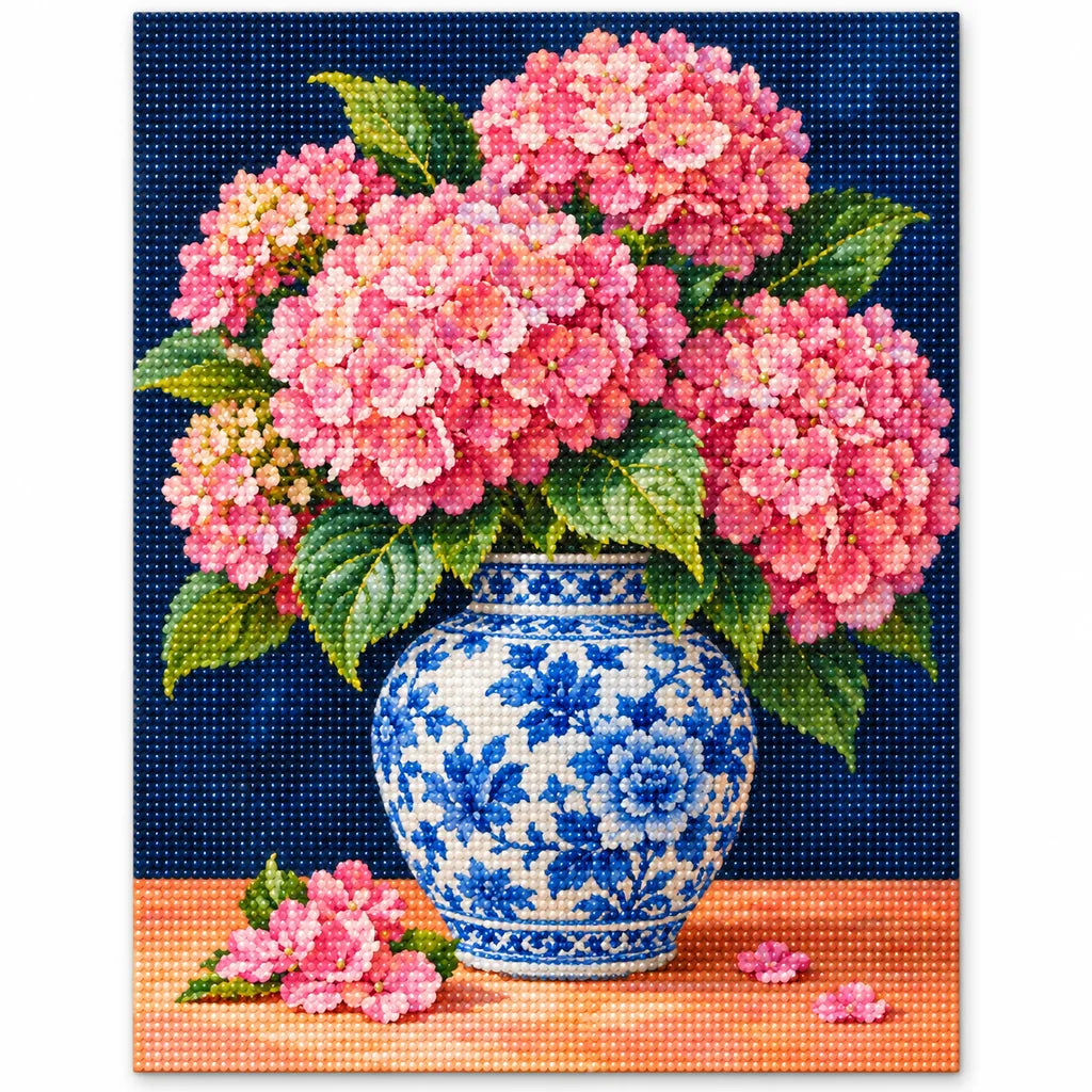 Pink hydrangeas arranged in a blue and white ginger jar: finished diamond painting on a white background