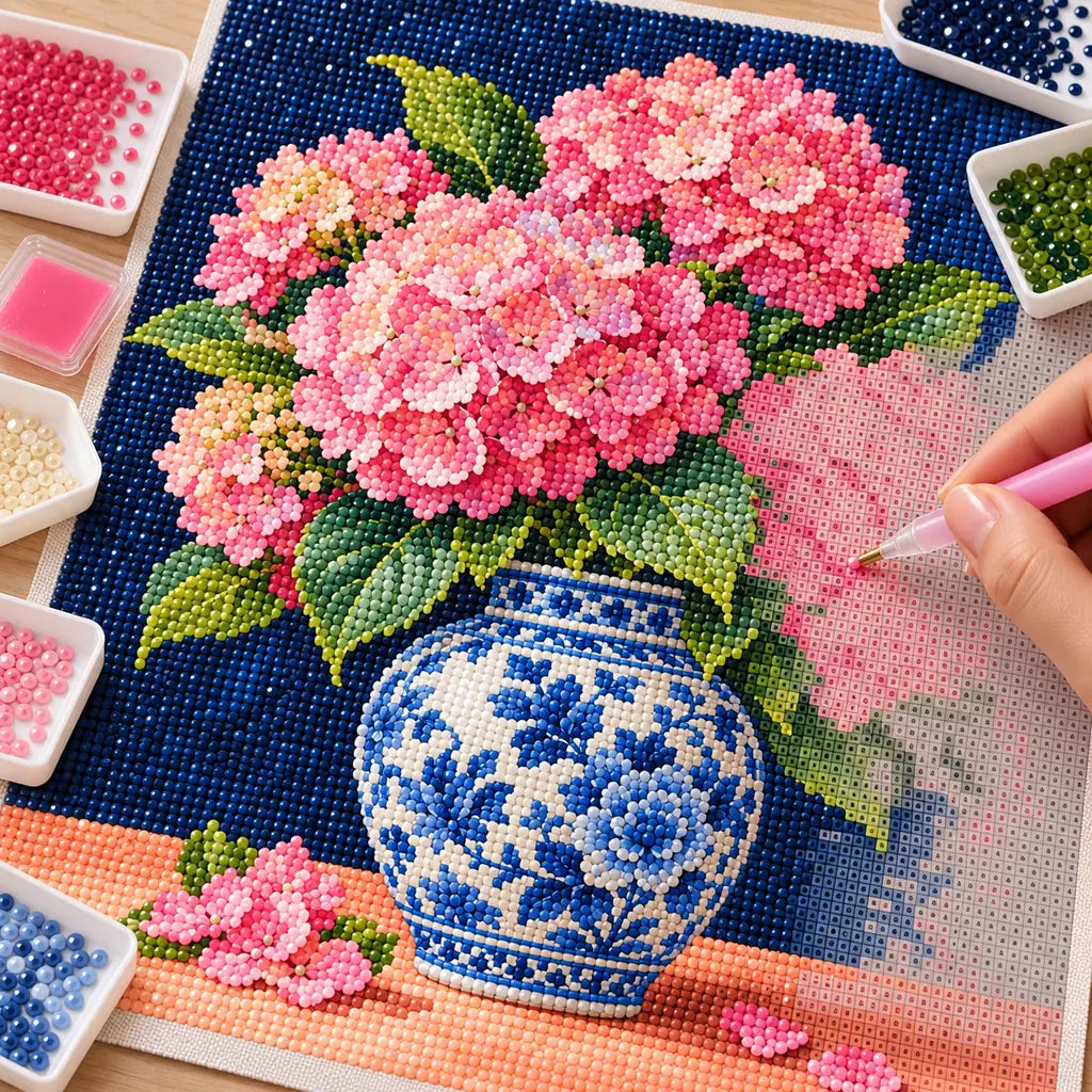 Pink hydrangeas arranged in a blue and white ginger jar: diamond painting being completed with a pen
