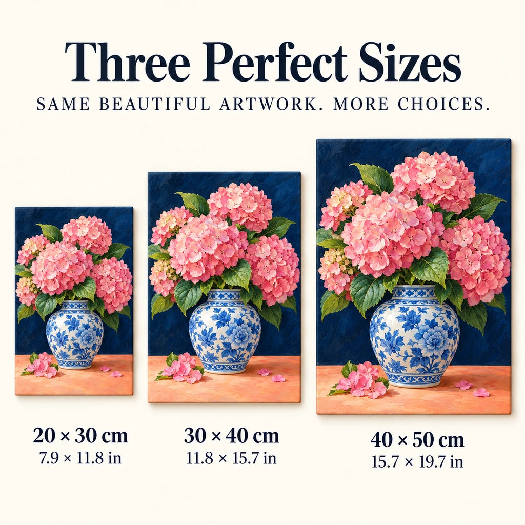 Pink hydrangeas arranged in a blue and white ginger jar: size guide showing three available dimensions