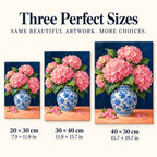 Pink hydrangeas arranged in a blue and white ginger jar: size guide showing three available dimensions