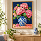 Pink hydrangeas arranged in a blue and white ginger jar: diamond painting displayed as home wall decor