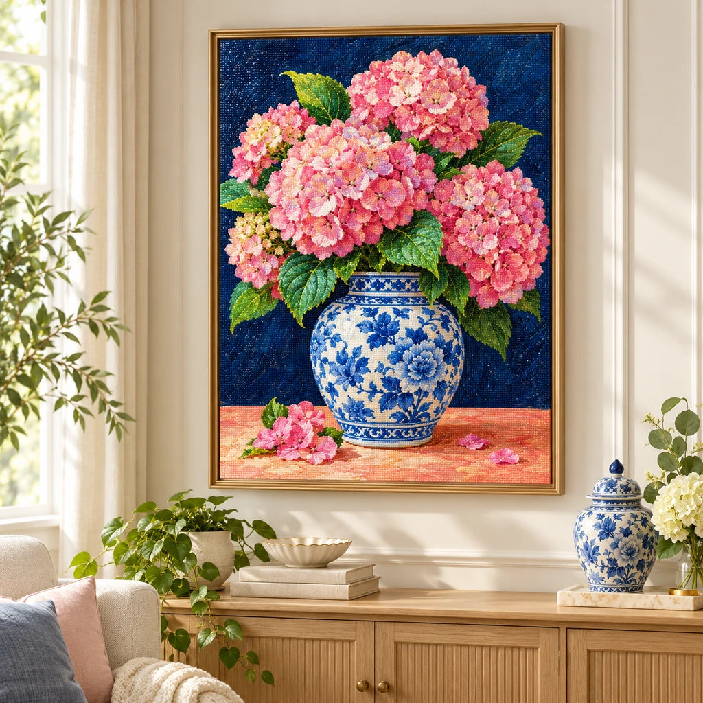 Pink hydrangeas arranged in a blue and white ginger jar: diamond painting displayed as home wall decor