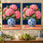 Pink hydrangeas arranged in a blue and white ginger jar: framed and no-frame style comparison