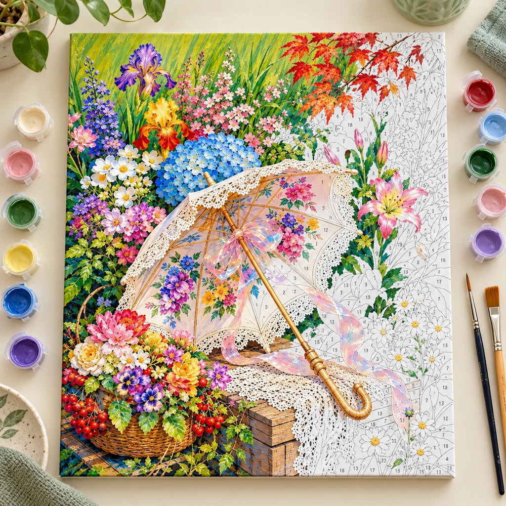 Pink Lace Umbrella in a Flower Garden Paint by Numbers Kit: complete numbered canvas with paints and brushes arranged for painting