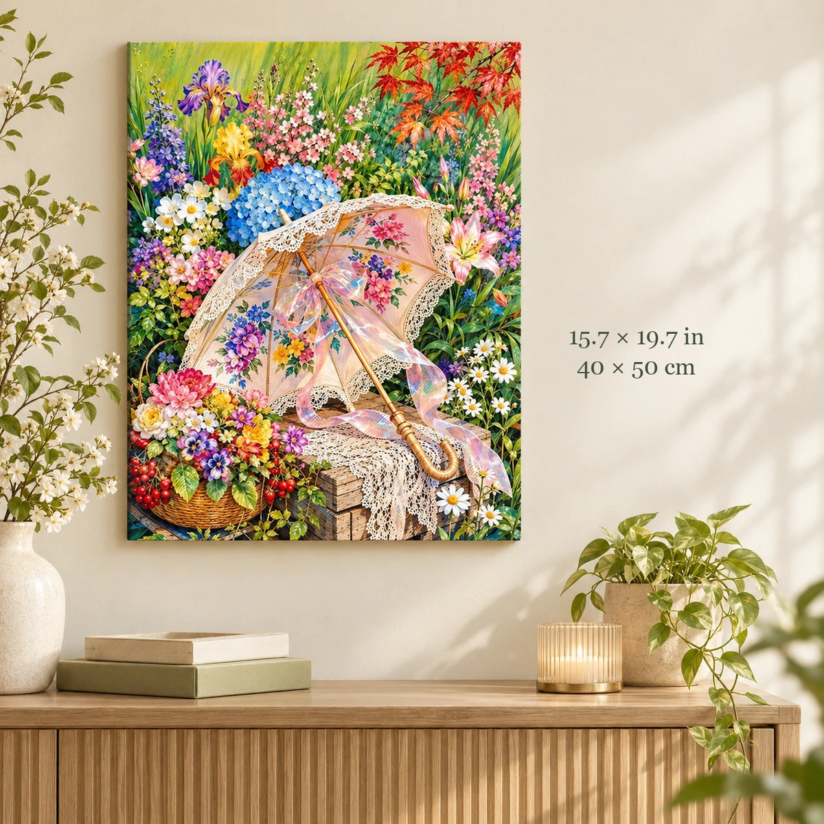 Pink Lace Umbrella in a Flower Garden Paint by Numbers Kit: artwork shown in a styled room with 15.7 × 19.7 in and 40 × 50 cm dimensions