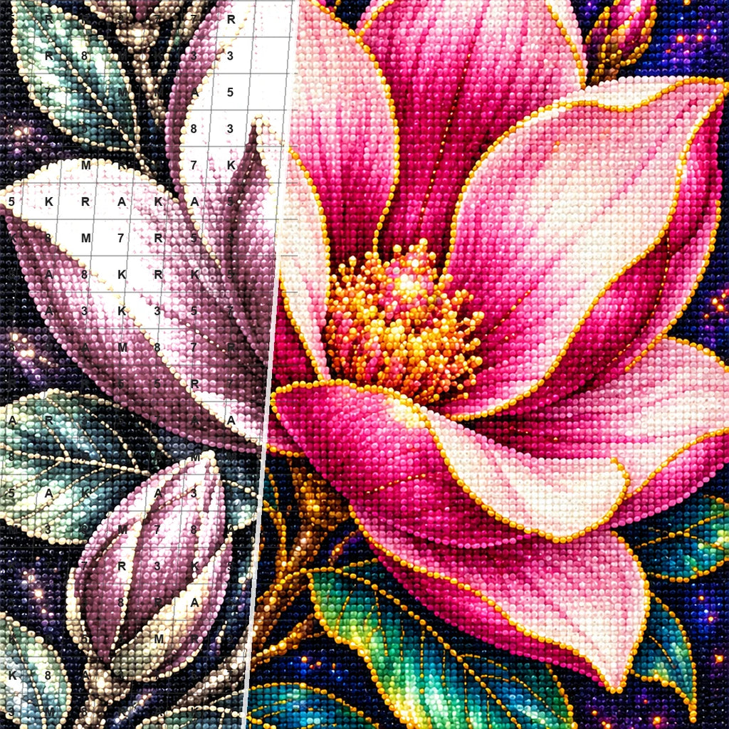 Pink Lotus Jewel Bloom Diamond Painting Kit — Diamond and canvas detail