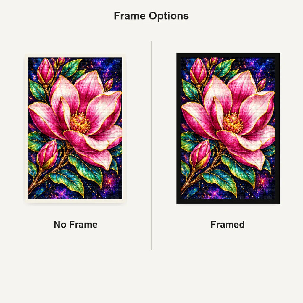 Pink Lotus Jewel Bloom Diamond Painting Kit — No Frame and Framed comparison