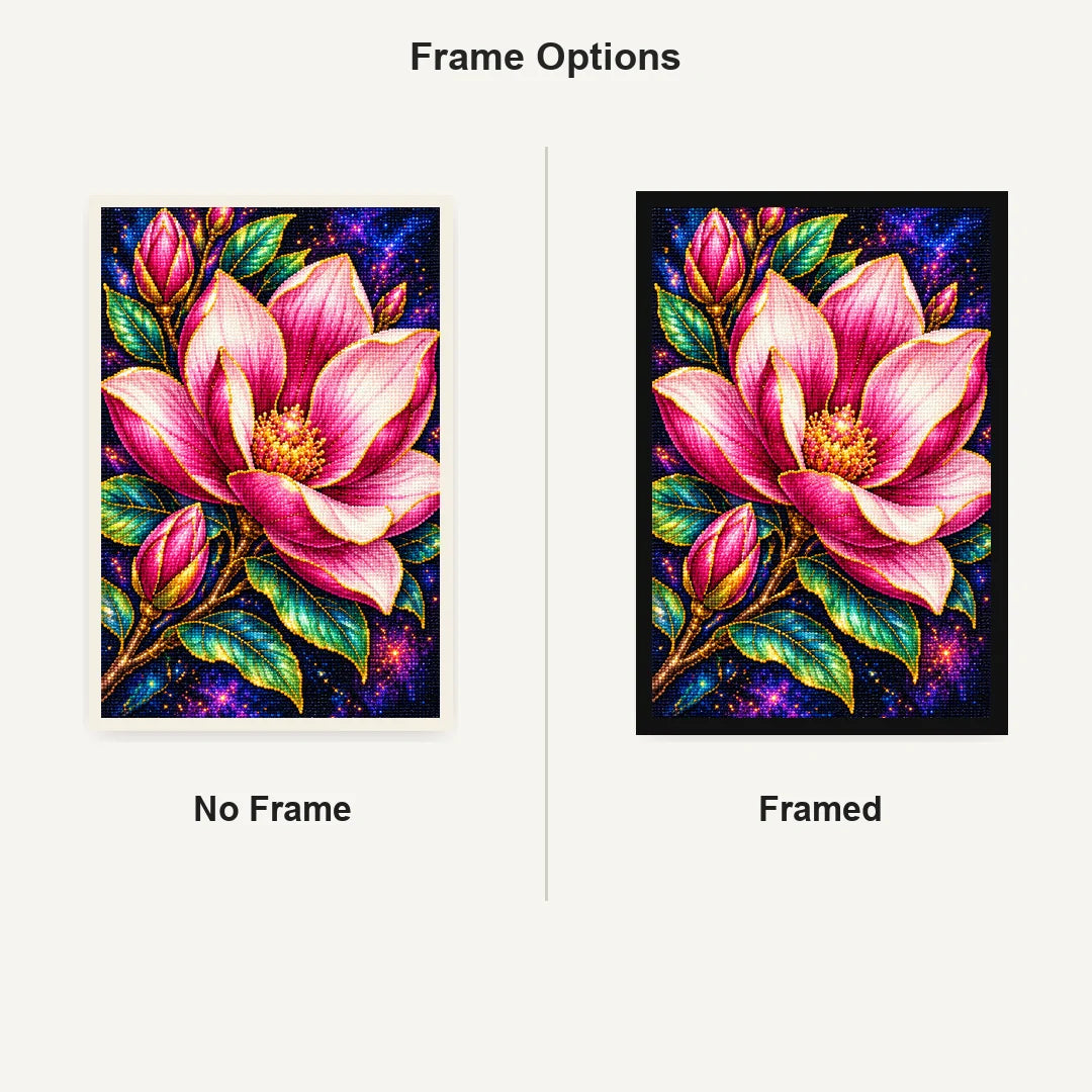 Pink Lotus Jewel Bloom Diamond Painting Kit — No Frame and Framed comparison