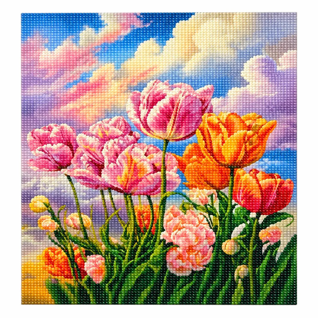 Pink and Orange Tulips Beneath Pastel Clouds — finished image, diamond painting kit