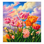 Pink and Orange Tulips Beneath Pastel Clouds — finished image, diamond painting kit