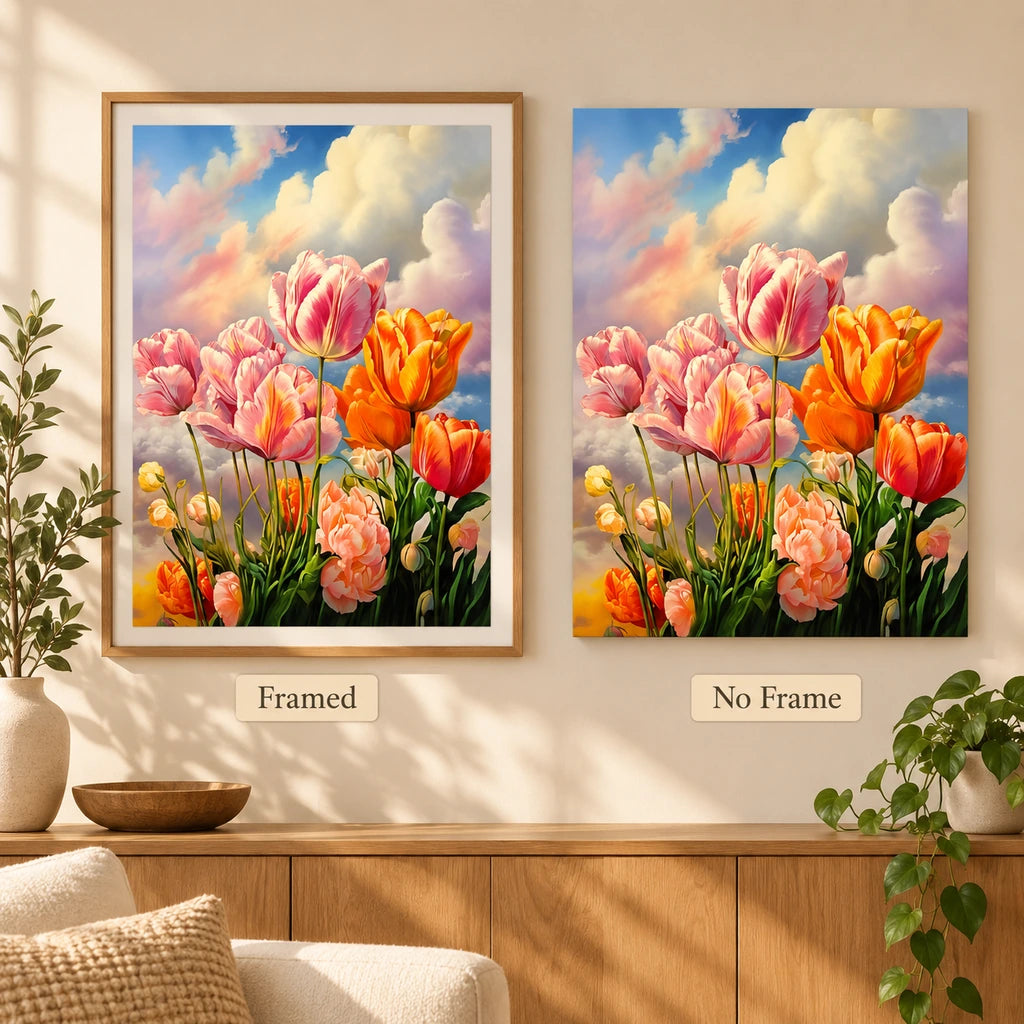 framed and no-frame options for pink and orange tulips — frame comparison image, diamond painting kit