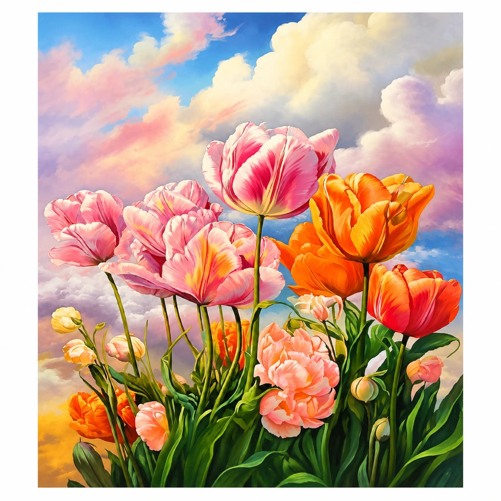 Pink and Orange Tulips Beneath Pastel Clouds — original image, diamond painting kit