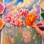 a hand placing diamonds on pink and orange tulips beneath pastel clouds — process image, diamond painting kit