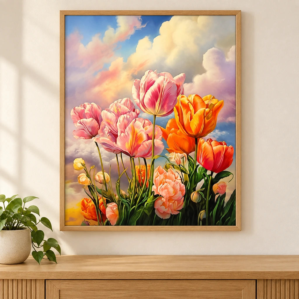 pink and orange tulip diamond painting displayed in a home — scene image, diamond painting kit