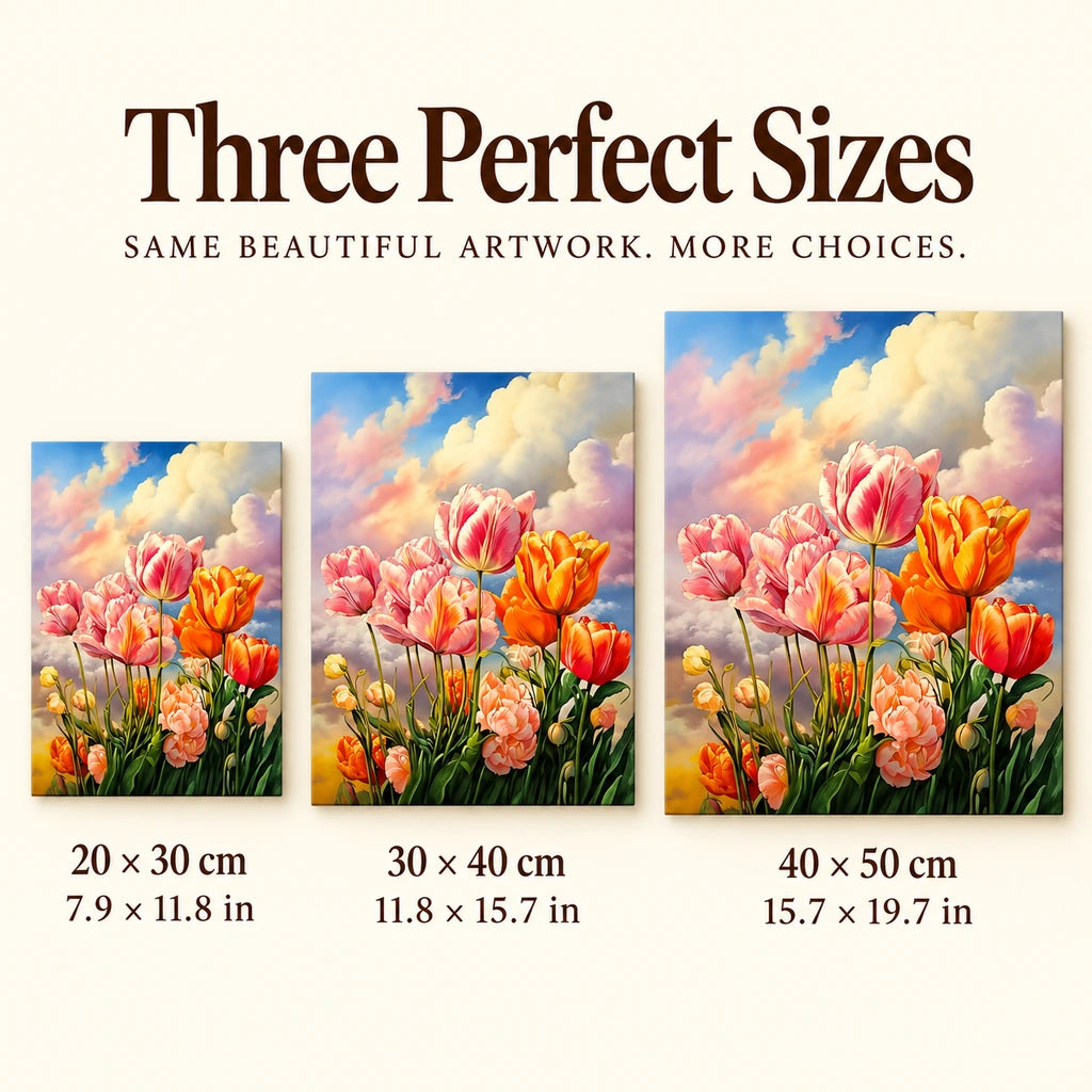 20 × 30 cm, 30 × 40 cm and 40 × 50 cm size options for pink and orange tulips — sizes image, diamond painting kit
