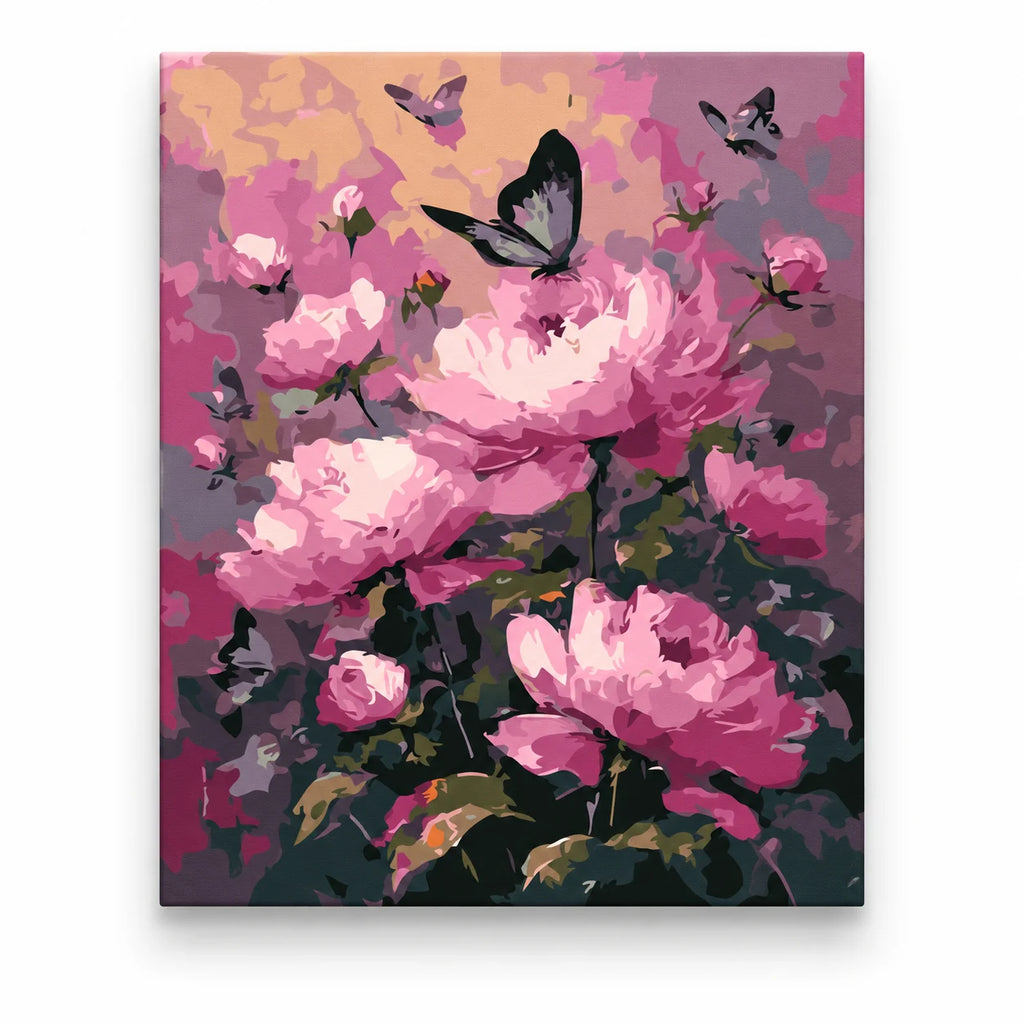Pink Peonies and Butterflies paint by numbers artwork on a front-facing canvas against a white background