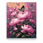 Pink Peonies and Butterflies paint by numbers artwork on a front-facing canvas against a white background
