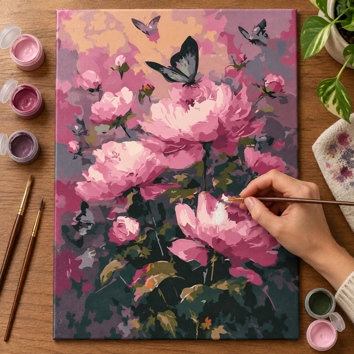 Complete Pink Peonies and Butterflies numbered canvas being painted with acrylic paints and brushes