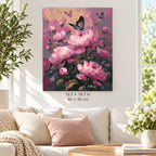 Pink Peonies and Butterflies shown in a styled room with 15.7 × 19.7 in and 40 × 50 cm dimensions