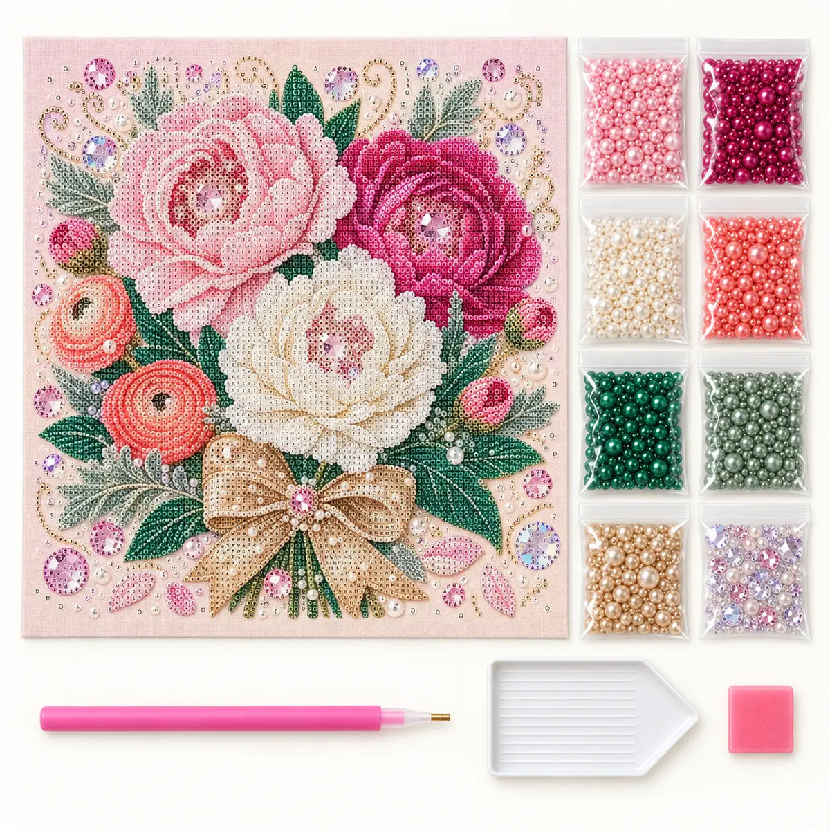 Pink Peony Bouquet Pearl Diamond Painting Kit – kit image