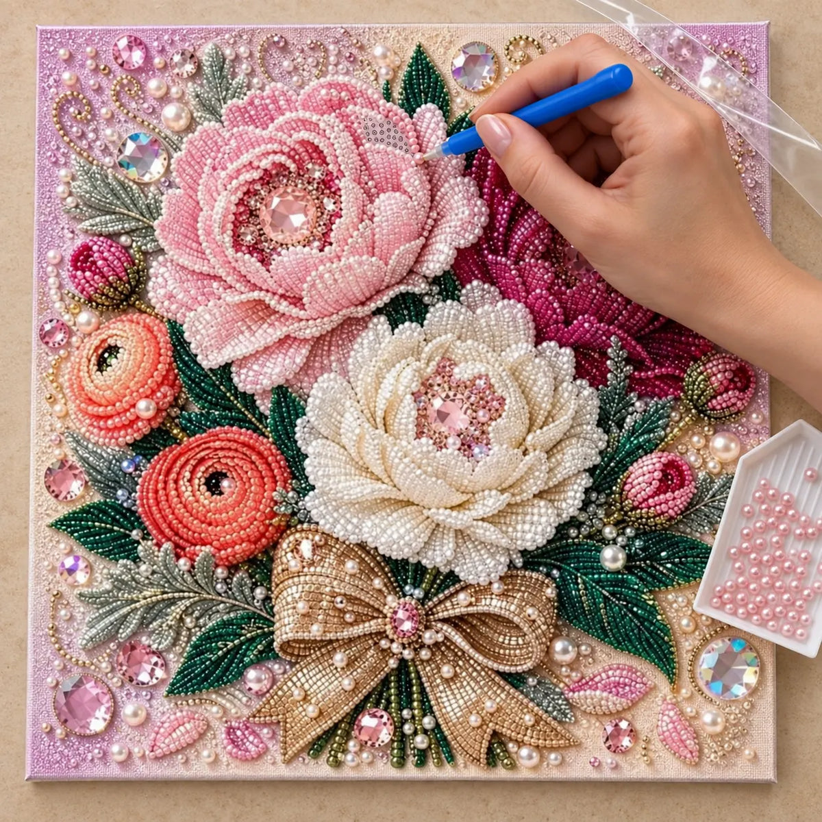 Pink Peony Bouquet Pearl Diamond Painting Kit – process image