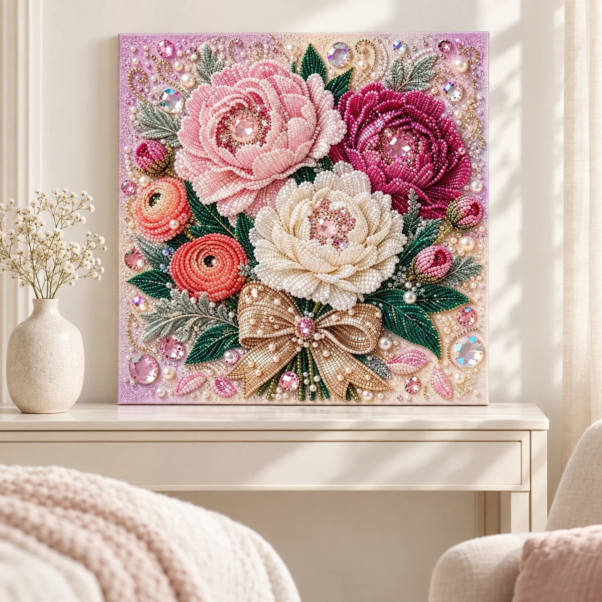 Pink Peony Bouquet Pearl Diamond Painting Kit – room image