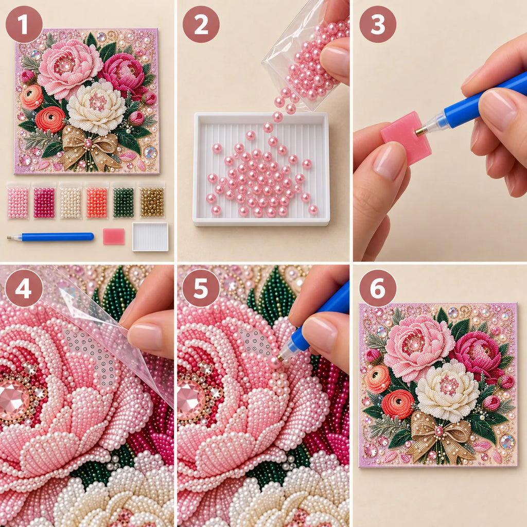 Pink Peony Bouquet Pearl Diamond Painting Kit – tutorial image