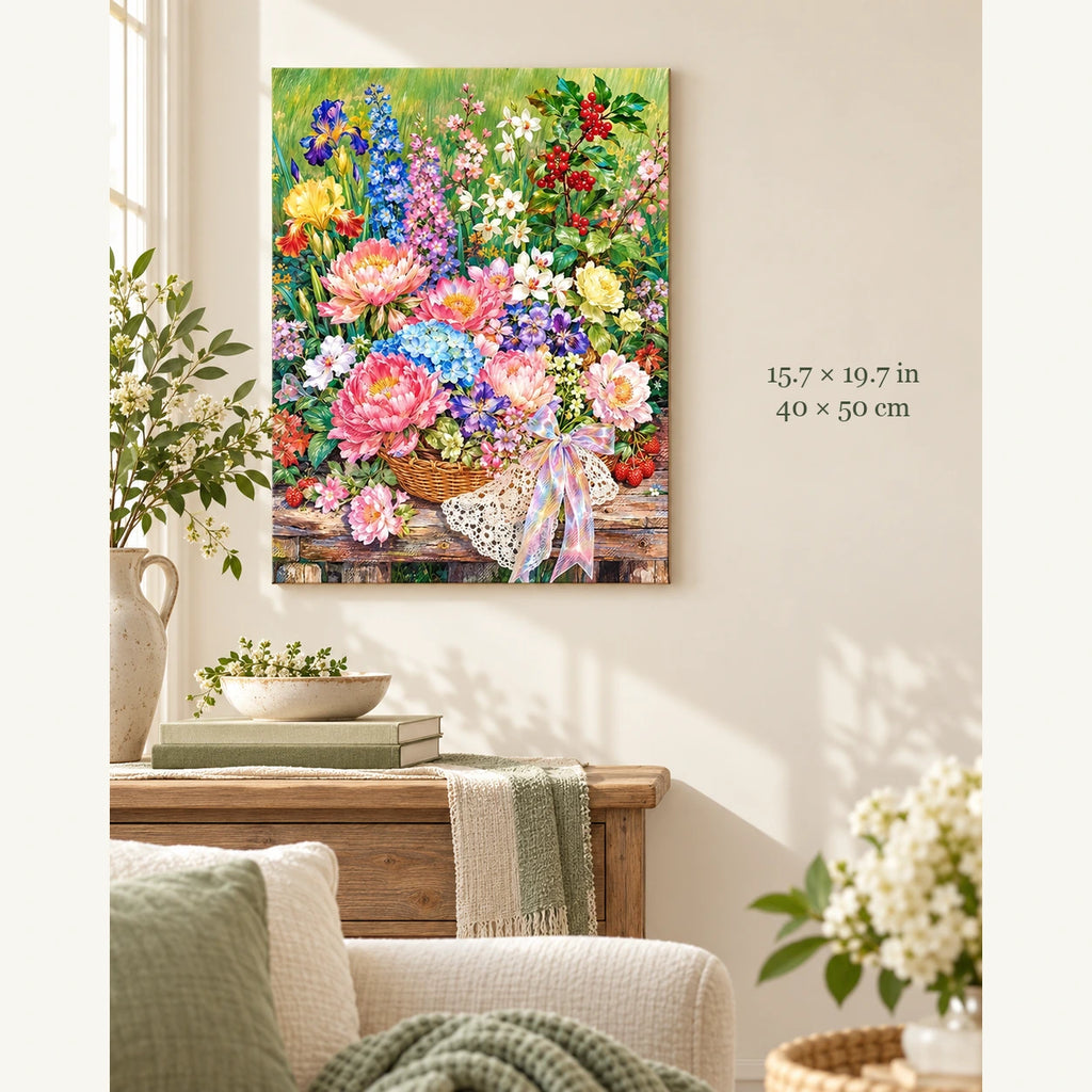 Pink Peony Flower Basket Garden Paint by Numbers Kit: artwork shown in a styled room with 15.7 × 19.7 in and 40 × 50 cm dimensions
