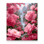 Pink Peony Waterfall Garden paint by numbers artwork on a front-facing canvas against a white background