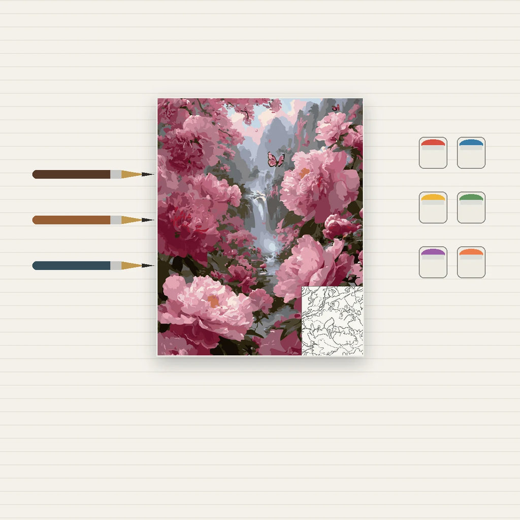 Complete Pink Peony Waterfall Garden numbered canvas being painted with acrylic paints and brushes