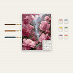 Complete Pink Peony Waterfall Garden numbered canvas being painted with acrylic paints and brushes