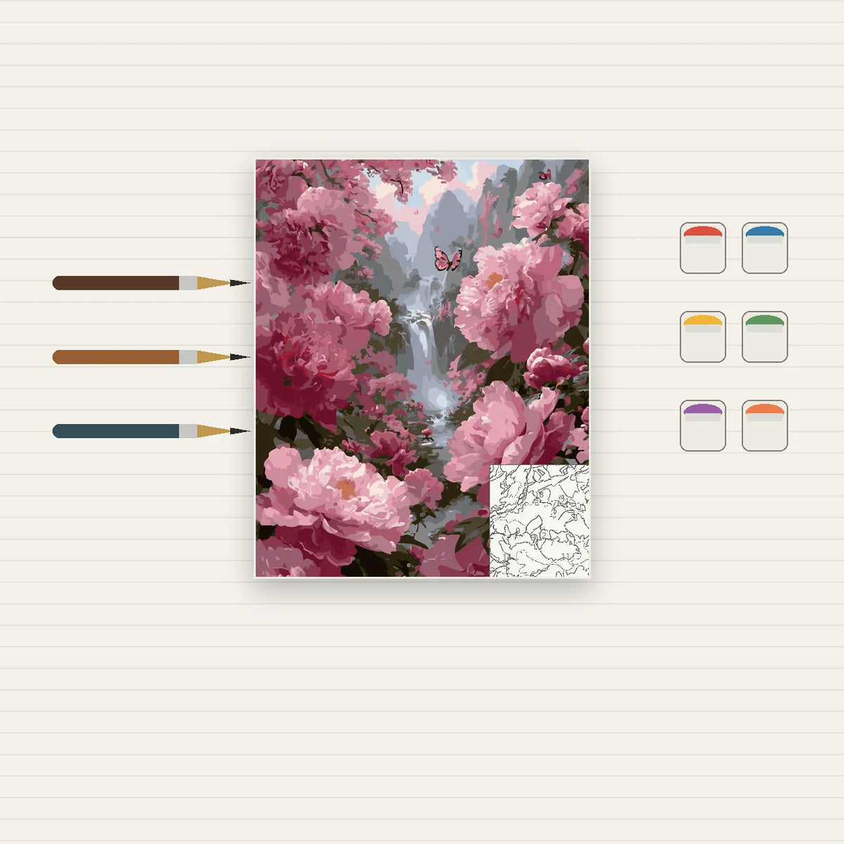Complete Pink Peony Waterfall Garden numbered canvas being painted with acrylic paints and brushes