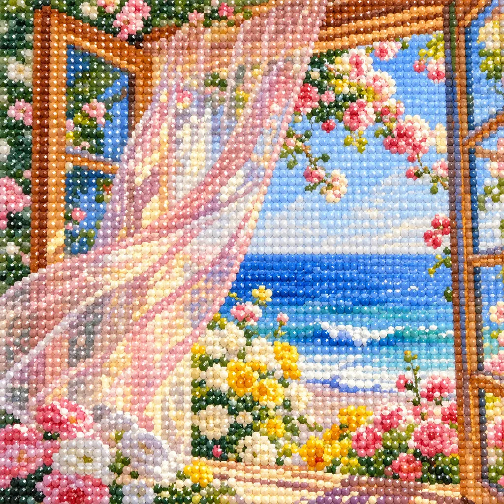 close-up of diamonds on a pink rose seaside window — detail image, diamond painting kit