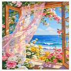 Pink Rose Window by the Seaside — finished image, diamond painting kit