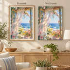 framed and no-frame options for a pink rose window — frame comparison image, diamond painting kit