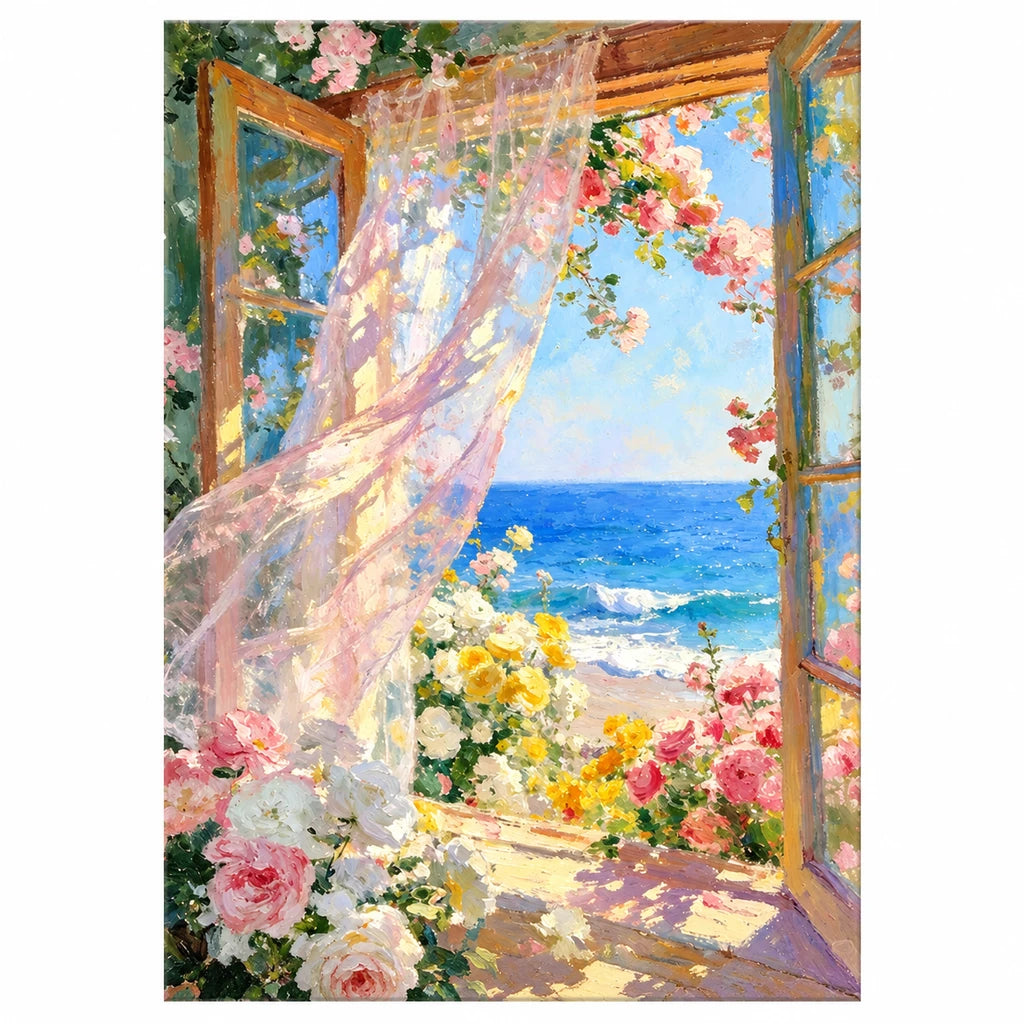Pink Rose Window by the Seaside — original image, diamond painting kit