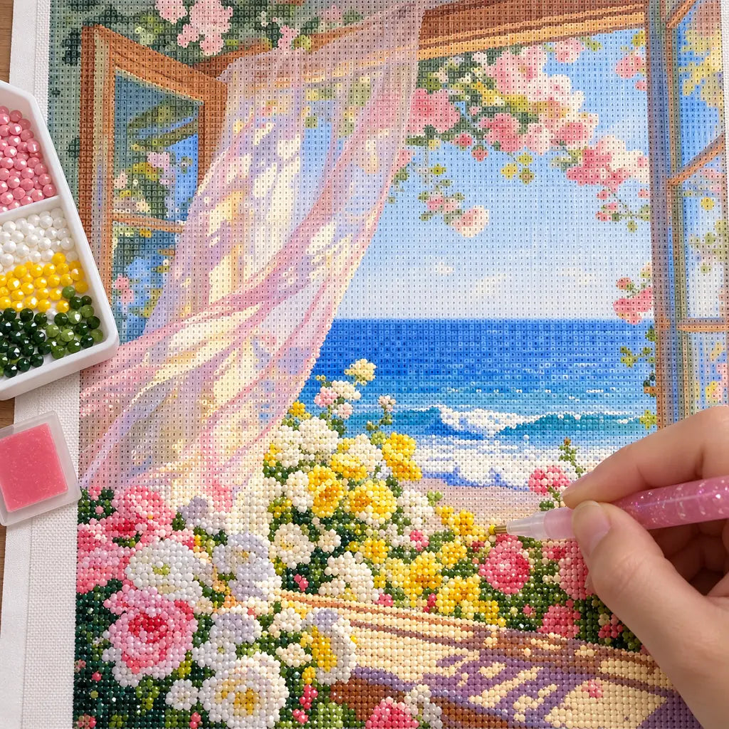 a hand placing diamonds on a pink rose window by the seaside — process image, diamond painting kit