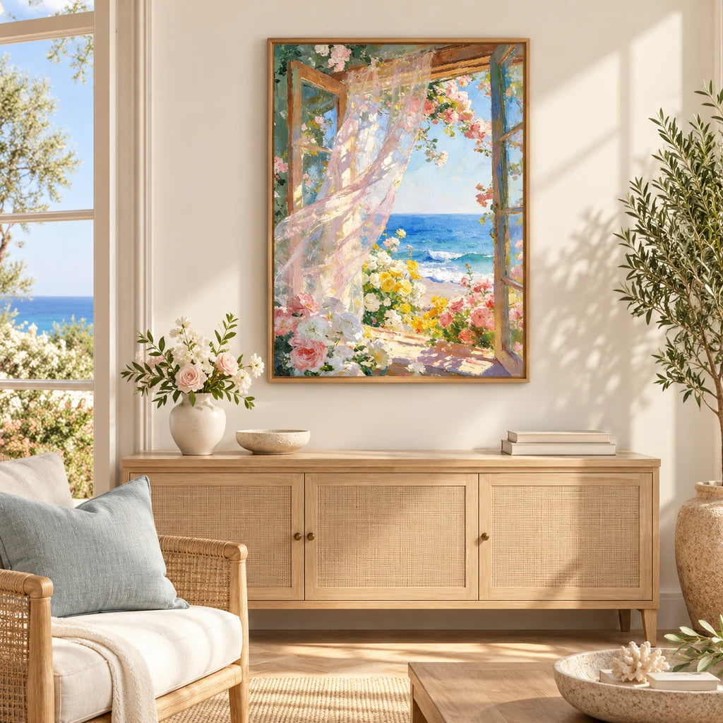 pink rose window diamond painting displayed in a home — scene image, diamond painting kit