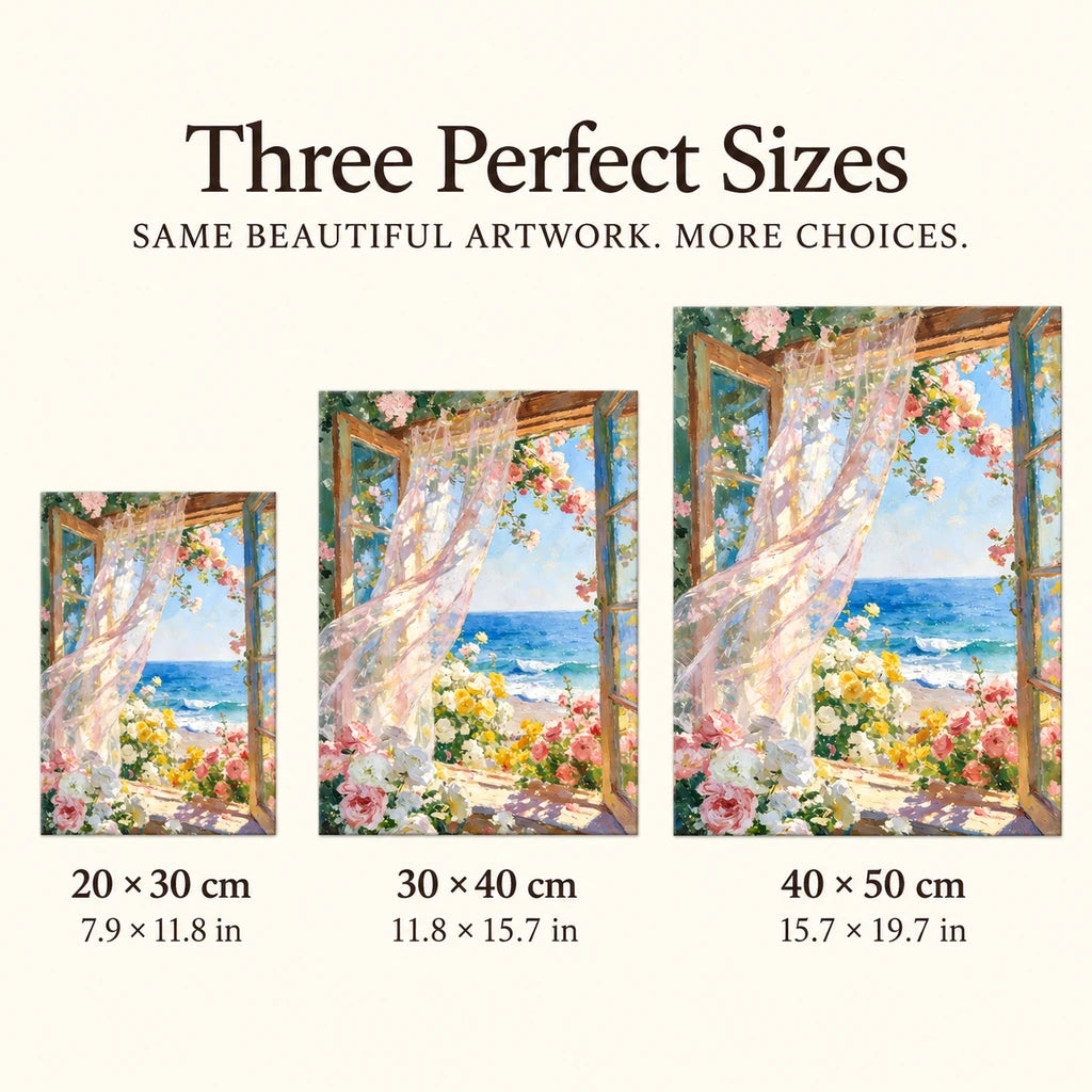 20 × 30 cm, 30 × 40 cm and 40 × 50 cm size options for a pink rose window — sizes image, diamond painting kit
