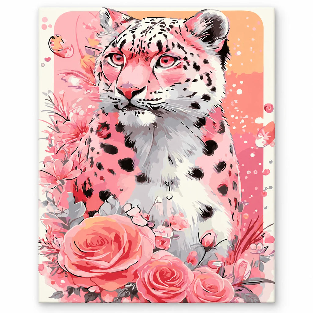 Pink Snow Leopard with Roses paint by numbers artwork on a front-facing canvas against a white background