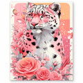 Pink Snow Leopard with Roses paint by numbers artwork on a front-facing canvas against a white background