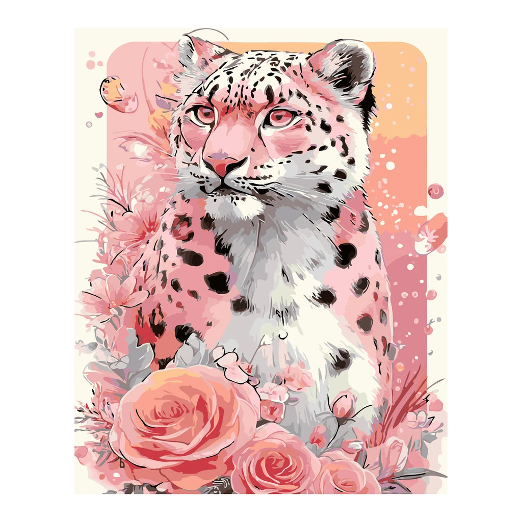 Pink Snow Leopard with Roses completed artwork on a clean white background
