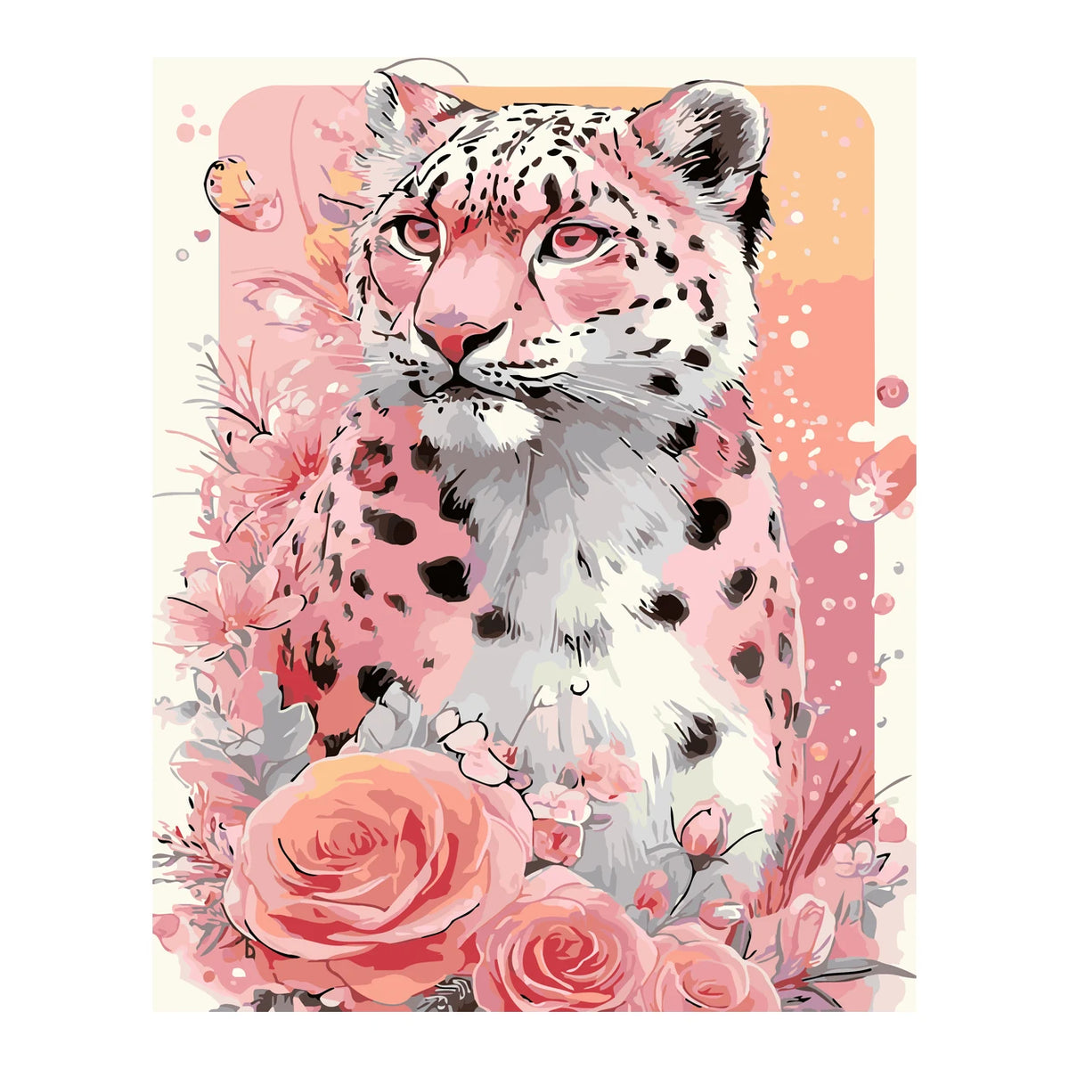 Pink Snow Leopard with Roses completed artwork on a clean white background