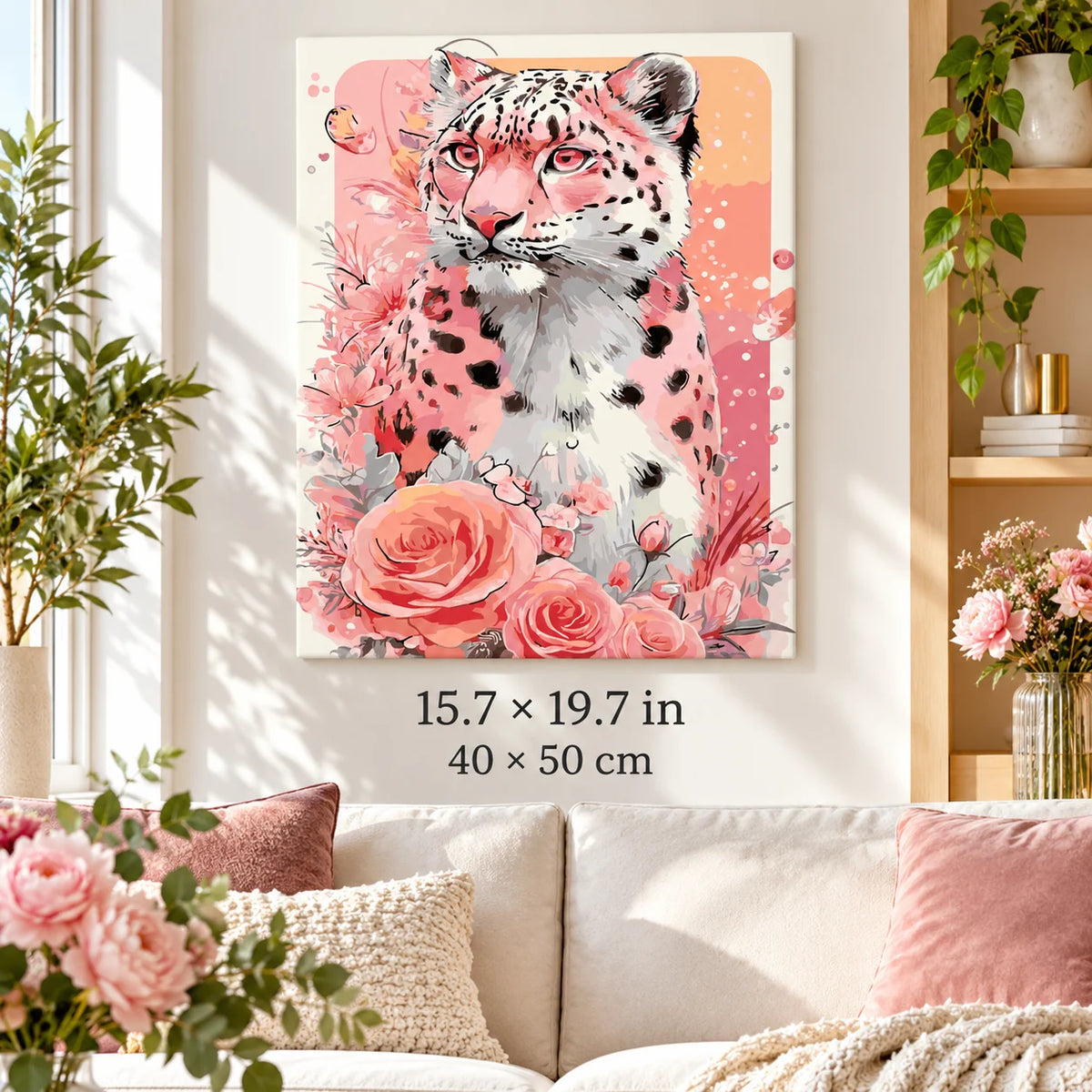 Pink Snow Leopard with Roses shown in a styled room with 15.7 × 19.7 in and 40 × 50 cm dimensions